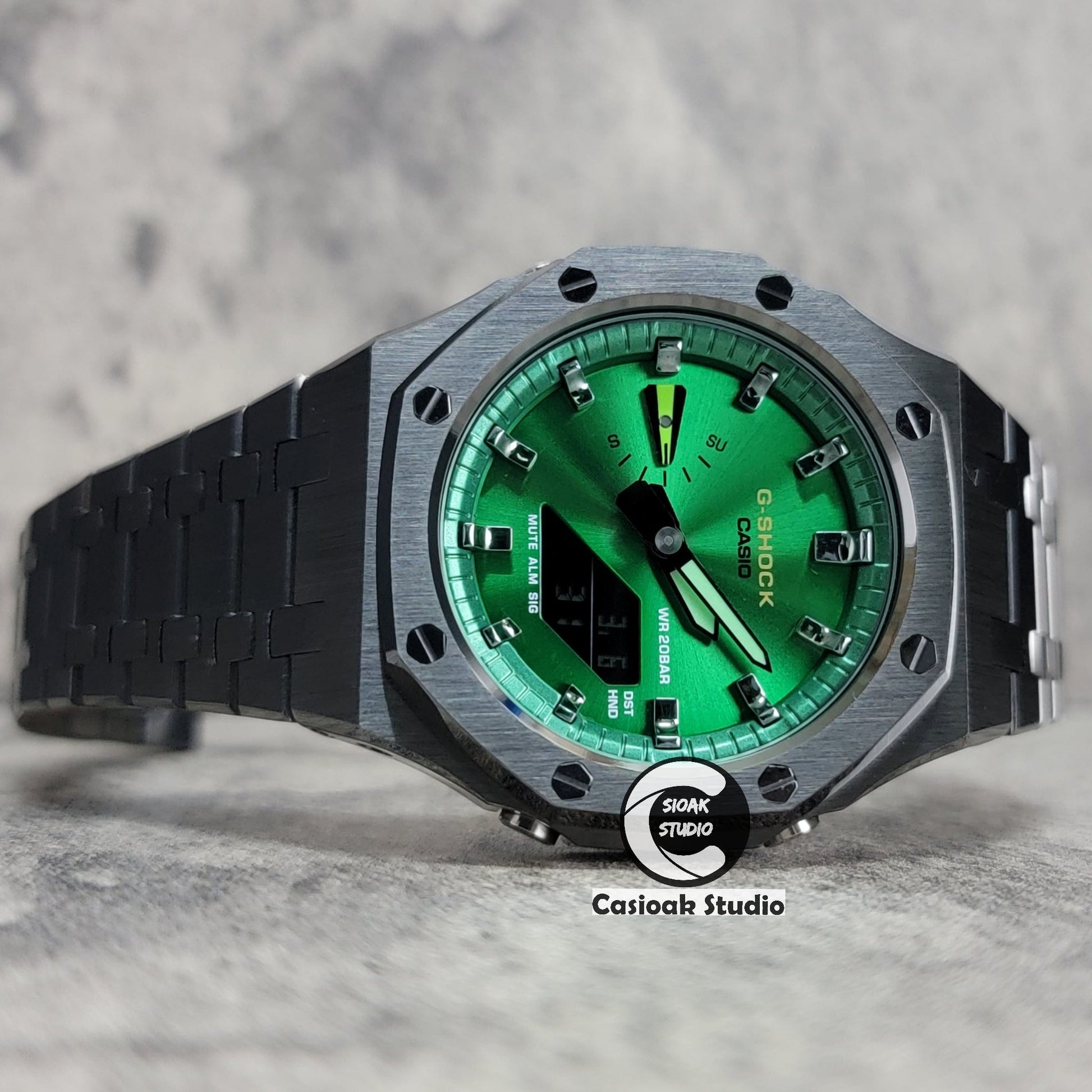 Casioak Mod Gray Case Metal Strap Green Gray Time Mark Green Dial 44mm- Casioak Mod Casio G-Shock Royal Oak Custom Mens Luxury Watches Ga2100