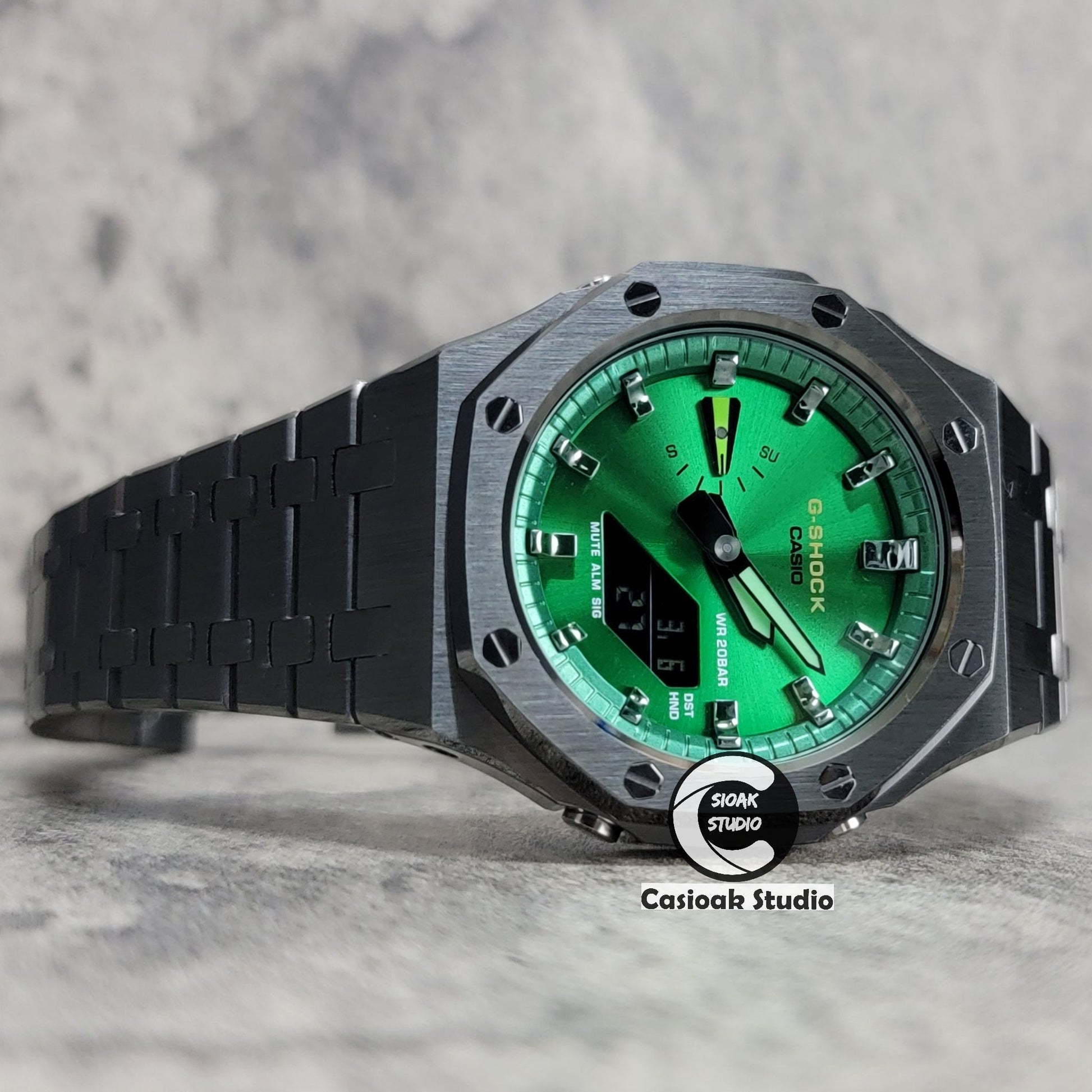 Casioak Mod Gray Case Metal Strap Green Gray Time Mark Green Dial 44mm- Casioak Mod Casio G-Shock Royal Oak Custom Mens Luxury Watches Ga2100