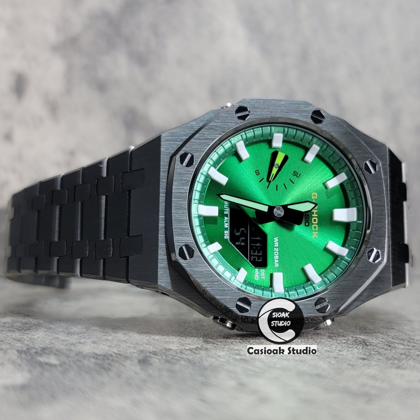 Casioak Mod Gray Case Metal Strap Green White Time Mark Green Dial 44mm- Casioak Mod Casio G-Shock Royal Oak Custom Mens Luxury Watches Ga2100