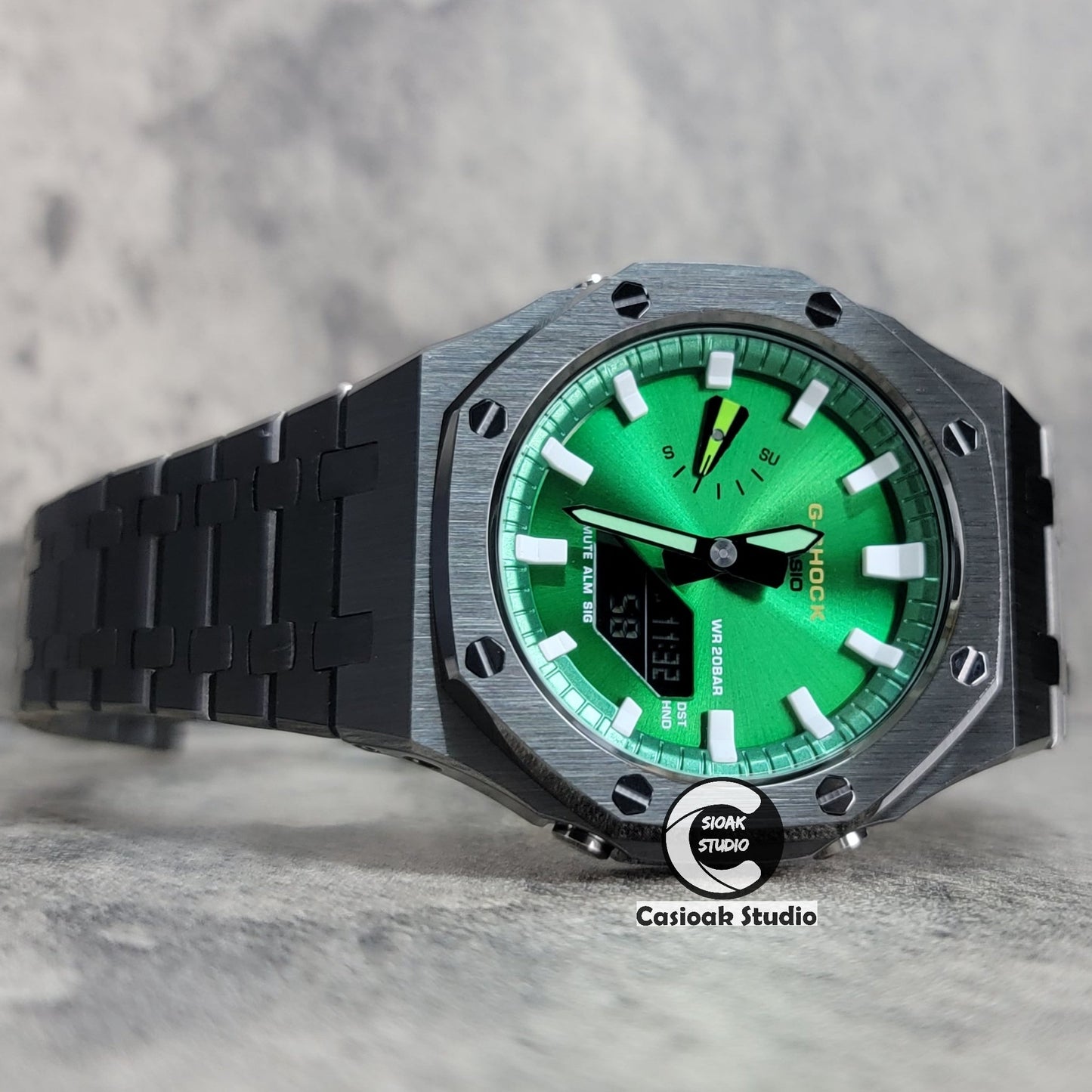 Casioak Mod Gray Case Metal Strap Green White Time Mark Green Dial 44mm- Casioak Mod Casio G-Shock Royal Oak Custom Mens Luxury Watches Ga2100