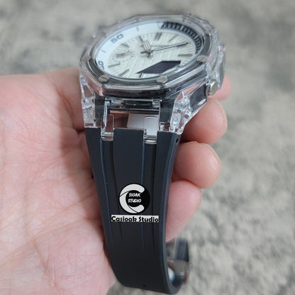 Casioak Mod NEW Transparent Case Black Strap Silver Time Mark White Dial 44mm- Casioak Mod Casio G-Shock Royal Oak Custom Mens Luxury Watches Ga2100