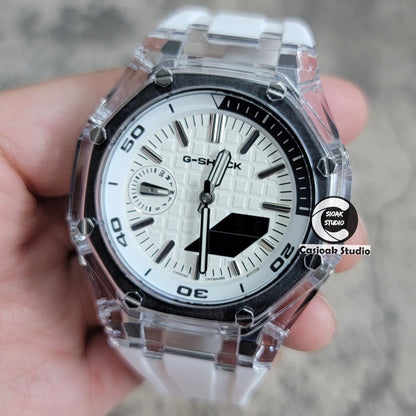 Casioak Mod NEW Transparent Case White Strap Silver Time Mark White Dial 44mm- Casioak Mod Casio G-Shock Royal Oak Custom Mens Luxury Watches Ga2100