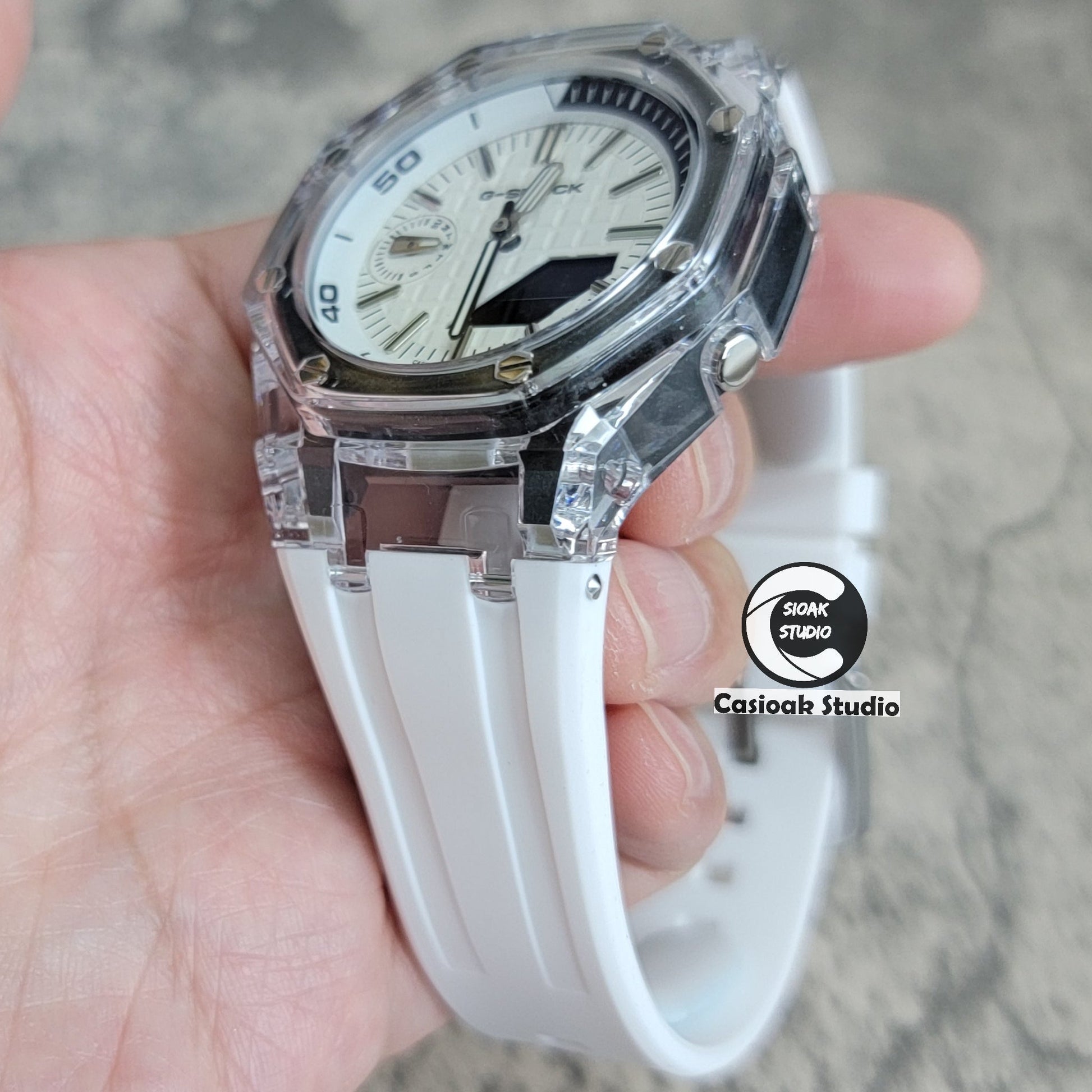 Casioak Mod NEW Transparent Case White Strap Silver Time Mark White Dial 44mm- Casioak Mod Casio G-Shock Royal Oak Custom Mens Luxury Watches Ga2100