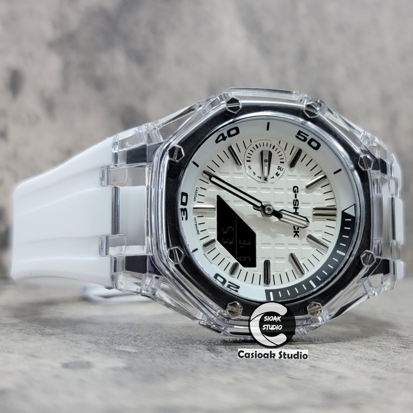 Casioak Mod NEW Transparent Case White Strap Silver Time Mark White Dial 44mm- Casioak Mod Casio G-Shock Royal Oak Custom Mens Luxury Watches Ga2100