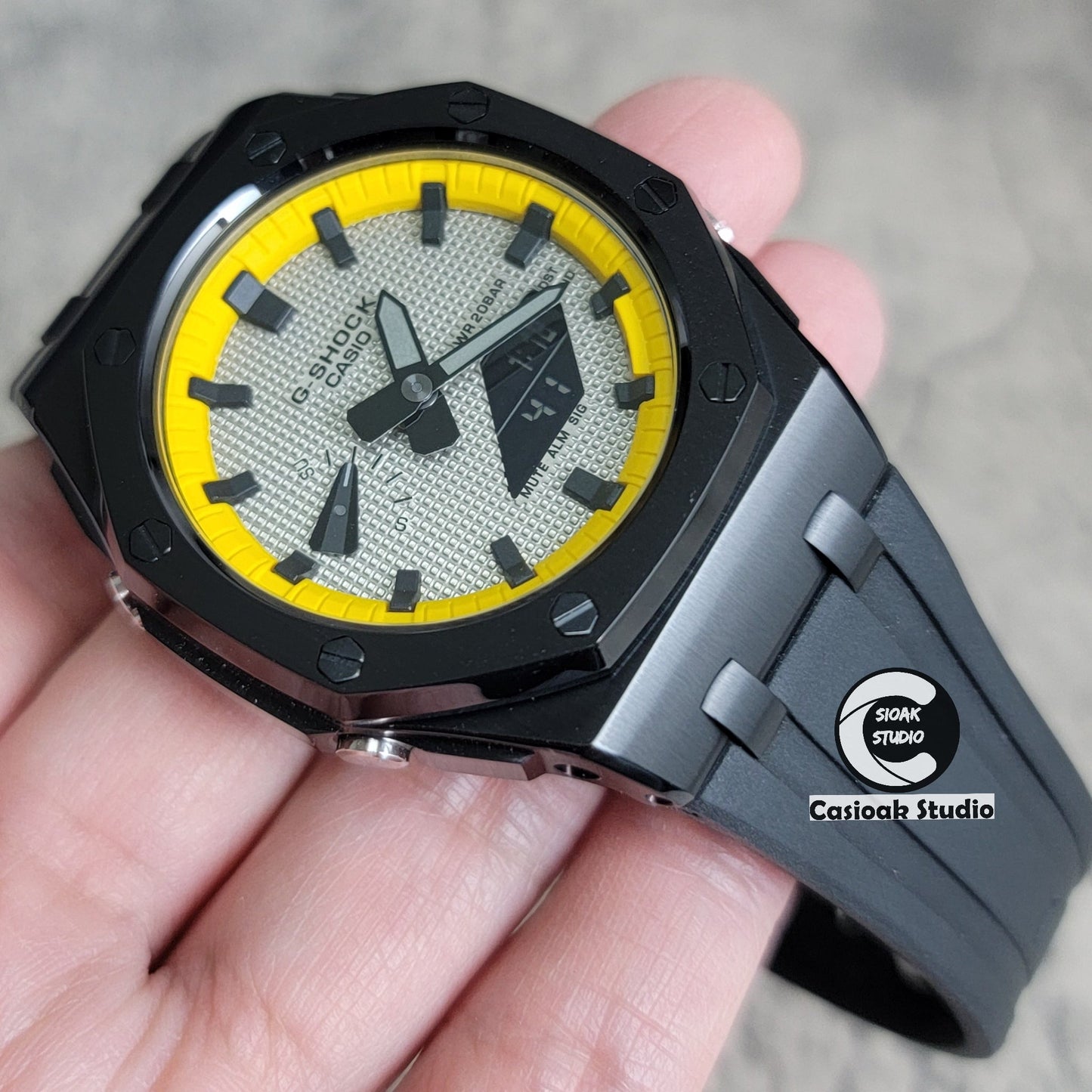 Casioak Mod Offshore Superior Black Case Black Rubber Strap Yellow Black Time Mark Gray Waffle Dial 44mm- Casioak Mod Casio G-Shock Royal Oak Custom Mens Luxury Watches Ga2100