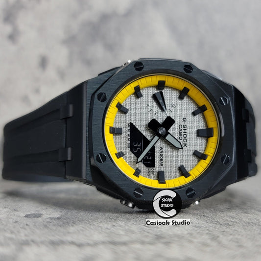 Casioak Mod Offshore Superior Black Case Black Rubber Strap Yellow Black Time Mark Gray Waffle Dial 44mm- Casioak Mod Casio G-Shock Royal Oak Custom Mens Luxury Watches Ga2100