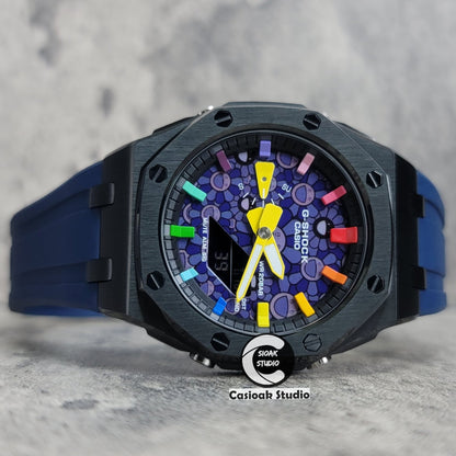 Casioak Mod Offshore Superior Black Case Blue Rubber Strap Black Rainbow Time Mark Takashi Murakami Dial 44mm- Casioak Mod Casio G-Shock Royal Oak Custom Mens Luxury Watches Ga2100