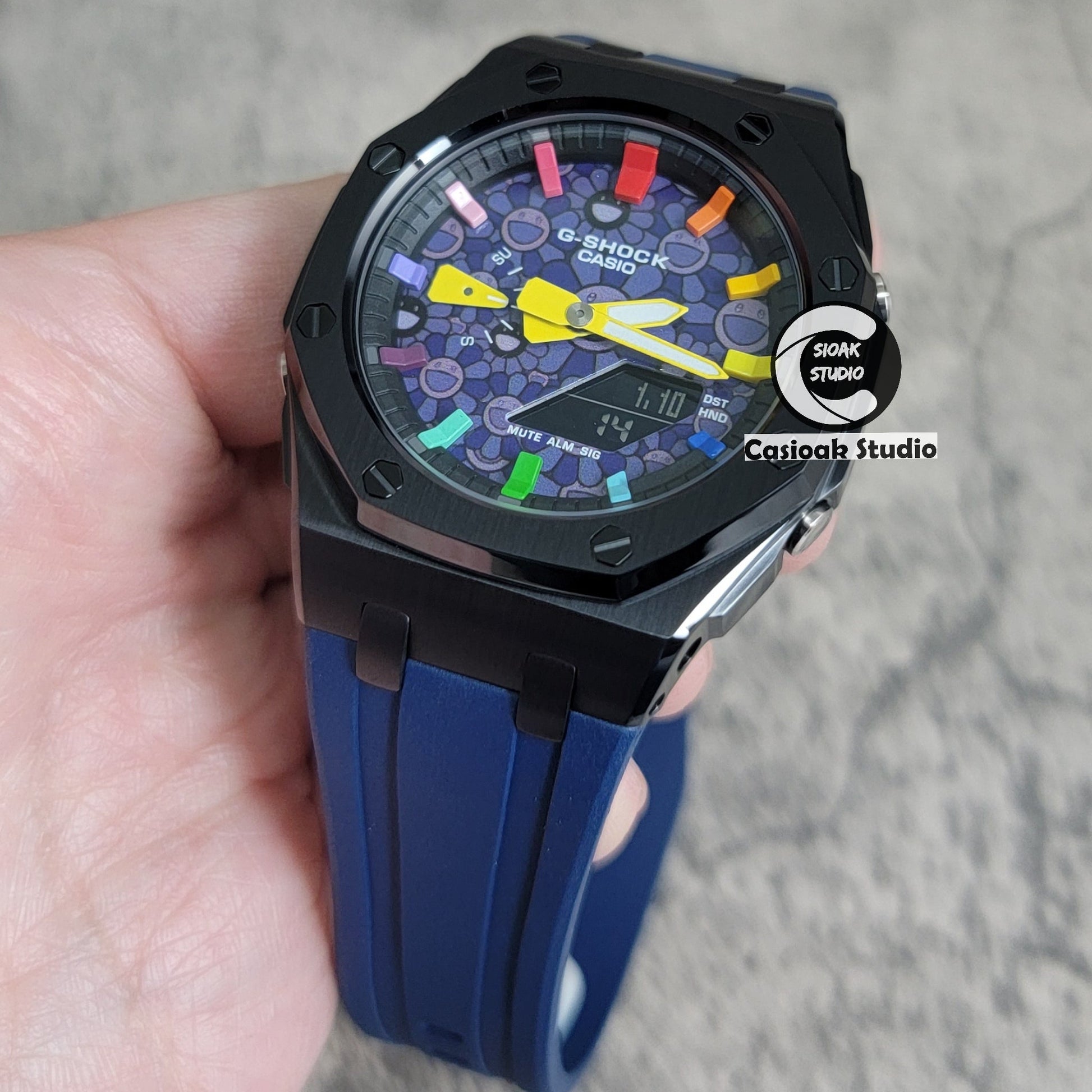 Casioak Mod Offshore Superior Black Case Blue Rubber Strap Black Rainbow Time Mark Takashi Murakami Dial 44mm- Casioak Mod Casio G-Shock Royal Oak Custom Mens Luxury Watches Ga2100