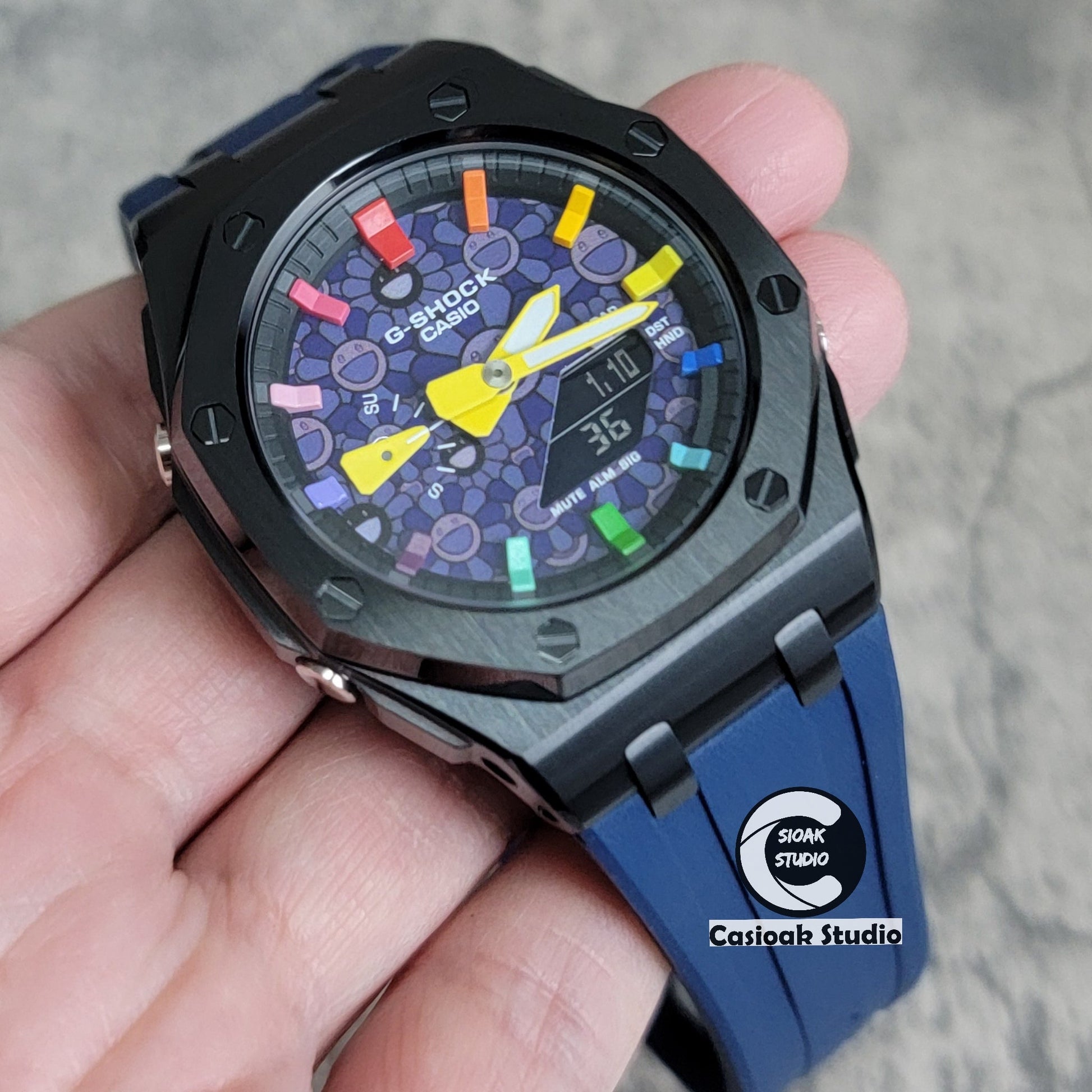 Casioak Mod Offshore Superior Black Case Blue Rubber Strap Black Rainbow Time Mark Takashi Murakami Dial 44mm- Casioak Mod Casio G-Shock Royal Oak Custom Mens Luxury Watches Ga2100