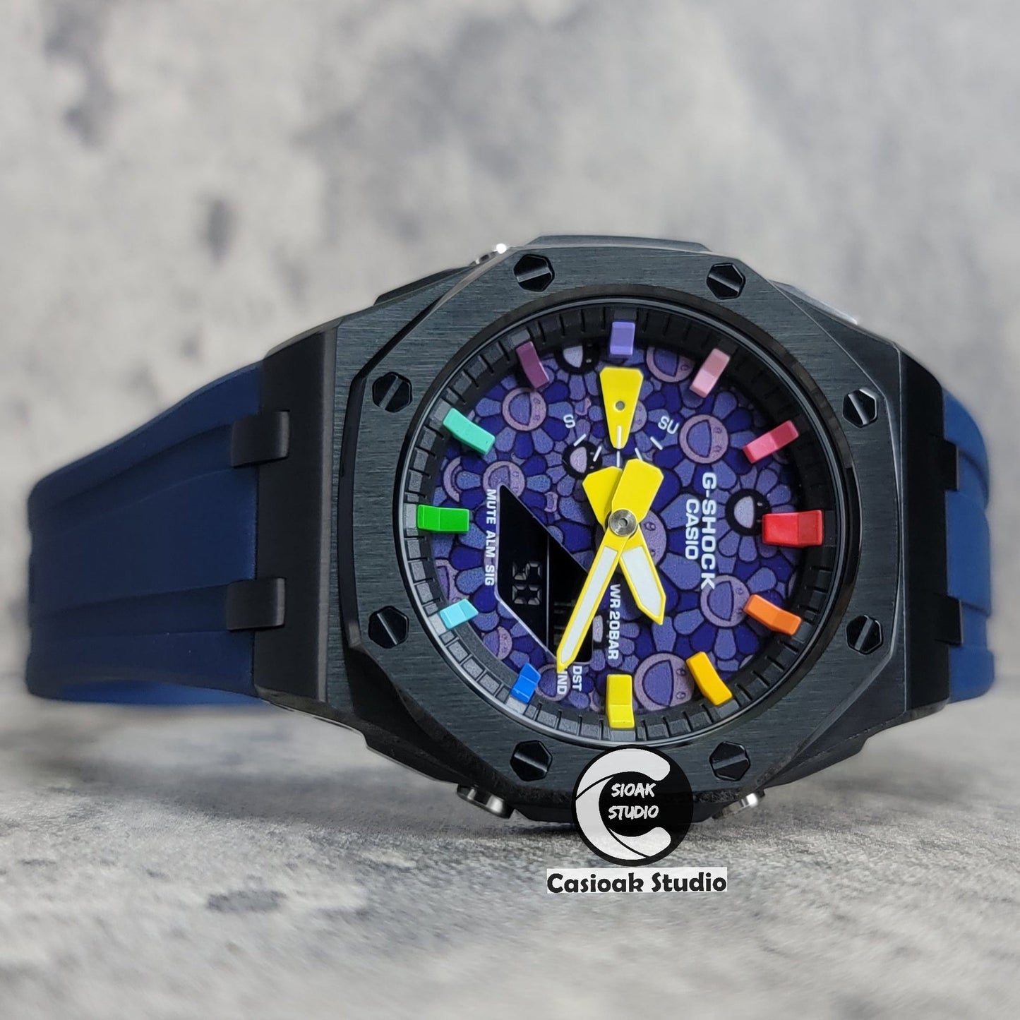 Casioak Mod Offshore Superior Black Case Blue Rubber Strap Black Rainbow Time Mark Takashi Murakami Dial 44mm- Casioak Mod Casio G-Shock Royal Oak Custom Mens Luxury Watches Ga2100