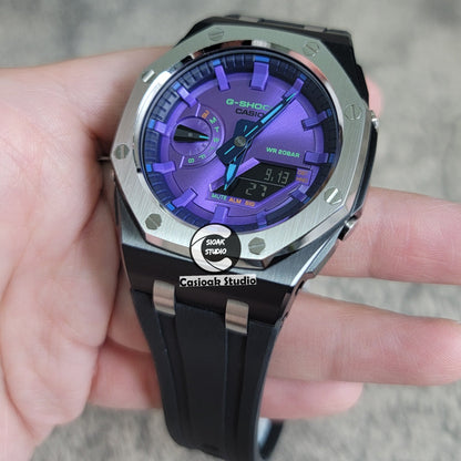 Casioak Mod Offshore Superior Black Silver Case Black Rubber Strap Purple Time Mark Purple Dial 44mm- Casioak Mod Casio G-Shock Royal Oak Custom Mens Luxury Watches Ga2100