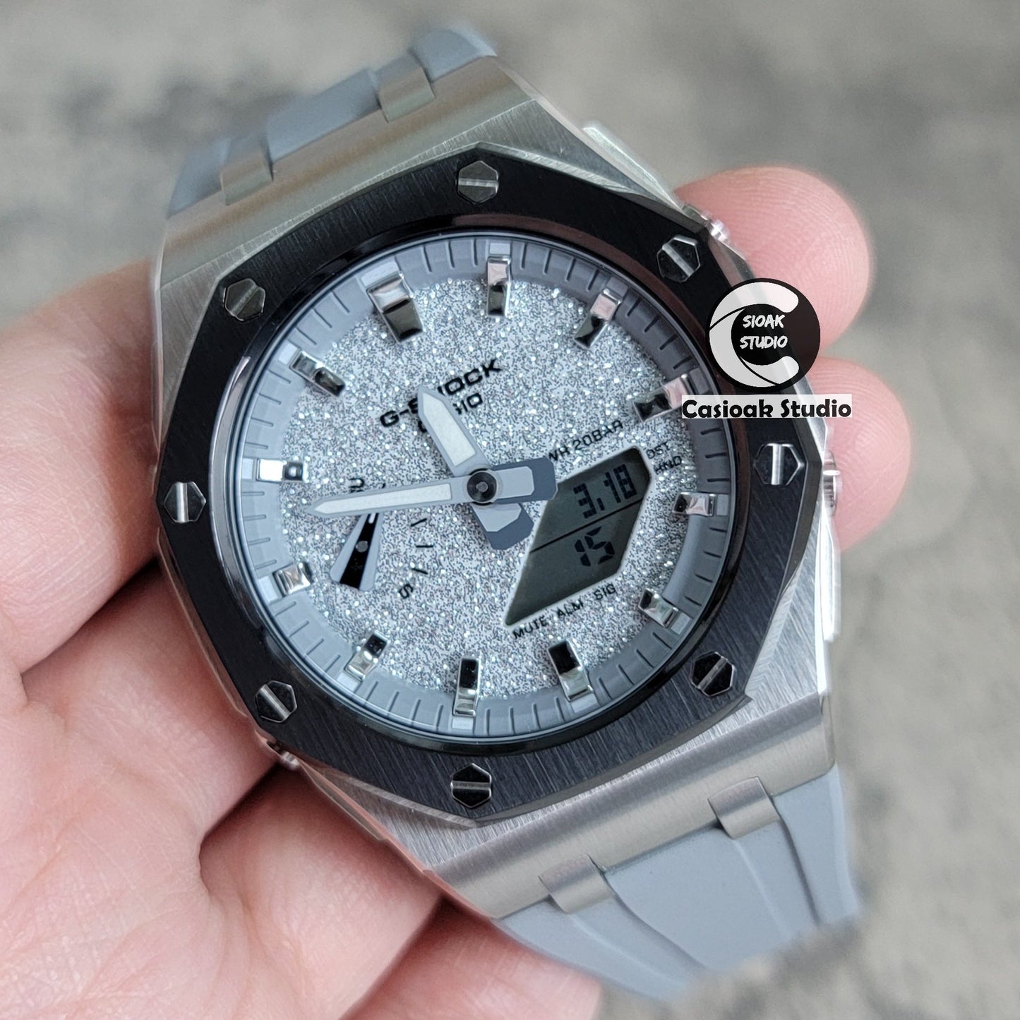 Casioak Mod Offshore Superior Black Silver Case Gray Rubber Strap Gray Time Mark Starry Silver Gray Dial 44mm- Casioak Mod Casio G-Shock Royal Oak Custom Mens Luxury Watches Ga2100