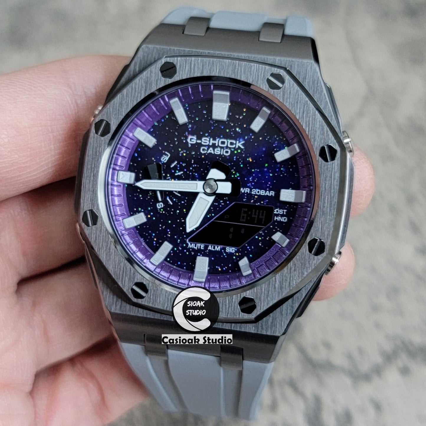 Casioak Mod Offshore Superior Gray Case Gray Rubber Strap Purple Time Mark Purple Dial 44mm- Casioak Mod Casio G-Shock Royal Oak Custom Mens Luxury Watches Ga2100