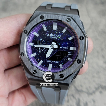 Casioak Mod Offshore Superior Gray Case Gray Rubber Strap Purple Time Mark Purple Dial 44mm- Casioak Mod Casio G-Shock Royal Oak Custom Mens Luxury Watches Ga2100