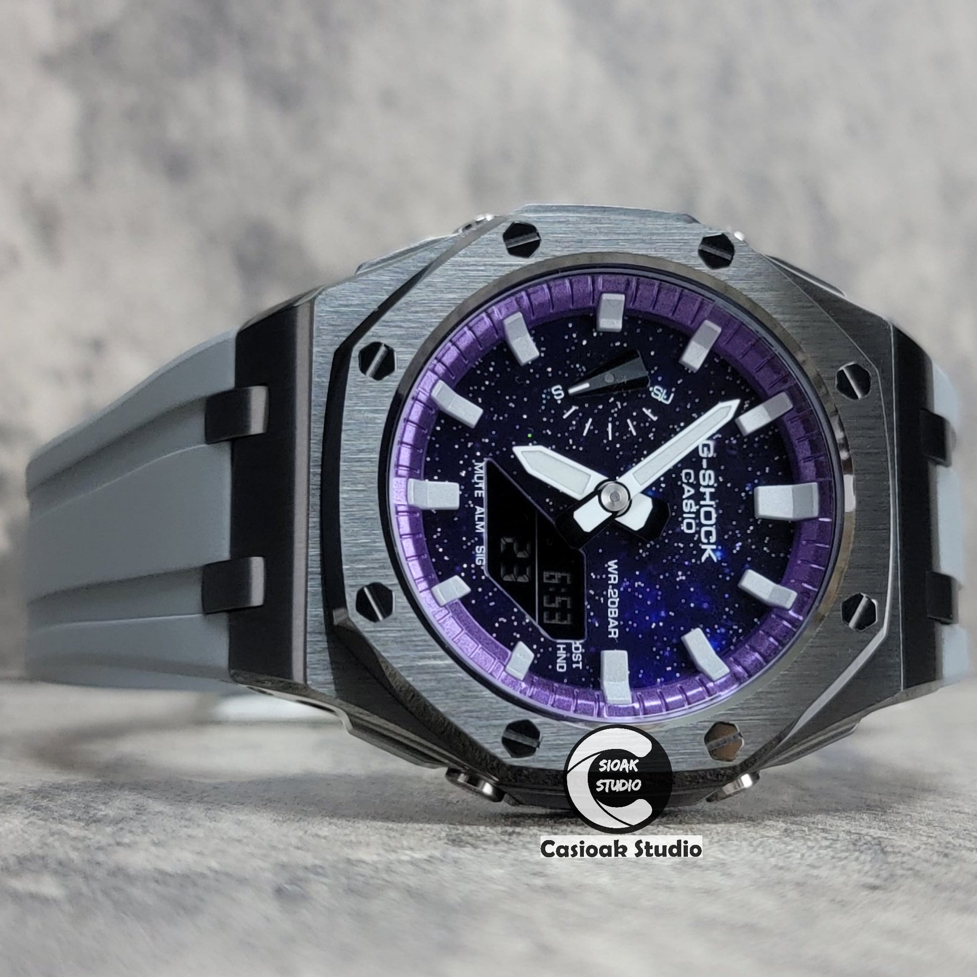 Casioak Mod Offshore Superior Gray Case Gray Rubber Strap Purple Time Mark Purple Dial 44mm- Casioak Mod Casio G-Shock Royal Oak Custom Mens Luxury Watches Ga2100