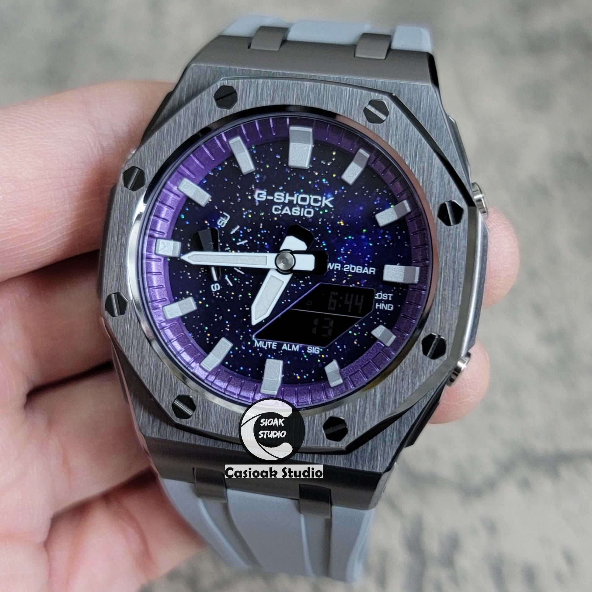 Casioak Mod Offshore Superior Gray Case Gray Rubber Strap Purple Time Mark Purple Dial 44mm- Casioak Mod Casio G-Shock Royal Oak Custom Mens Luxury Watches Ga2100