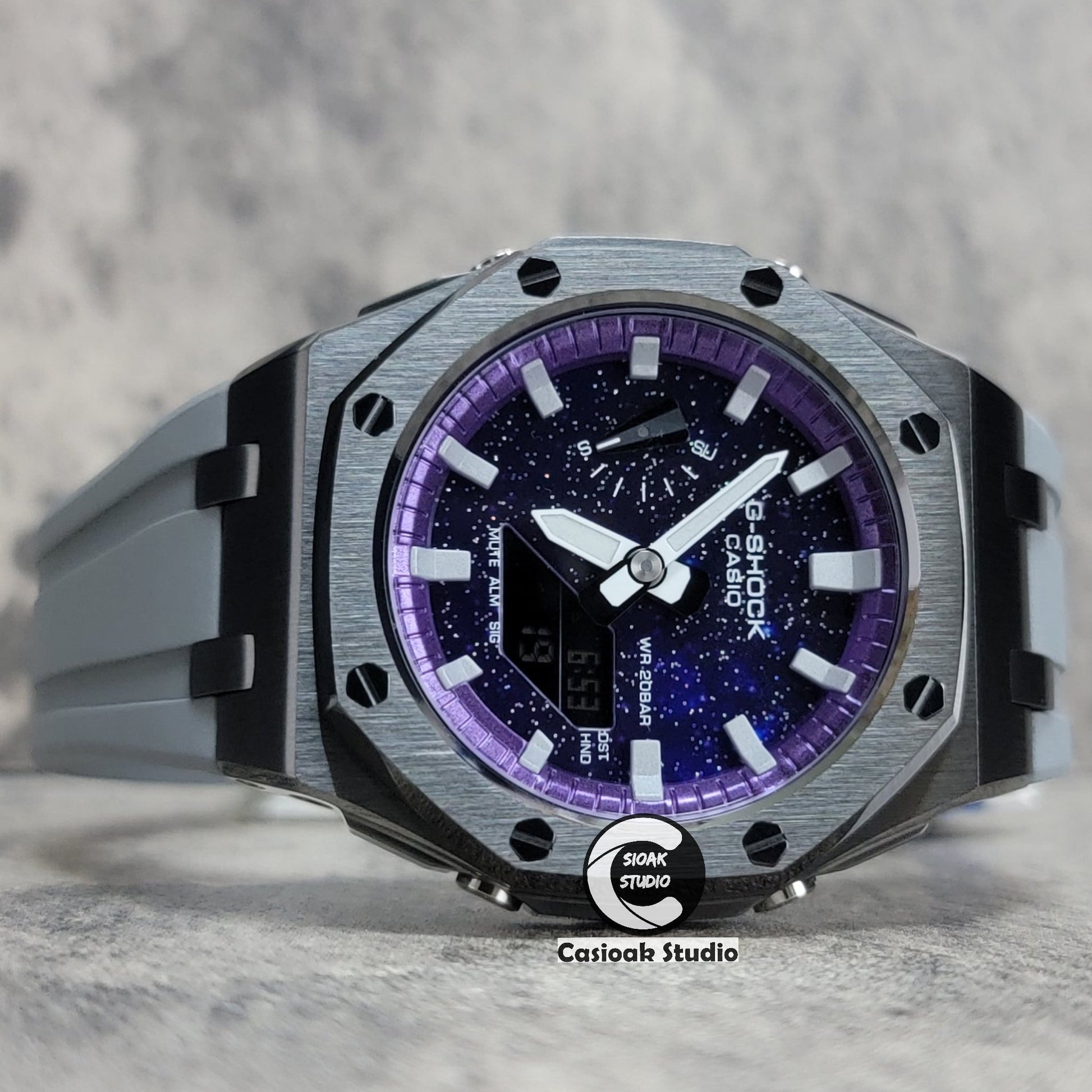 Casioak Mod Offshore Superior Gray Case Gray Rubber Strap Purple Time Mark Purple Dial 44mm- Casioak Mod Casio G-Shock Royal Oak Custom Mens Luxury Watches Ga2100