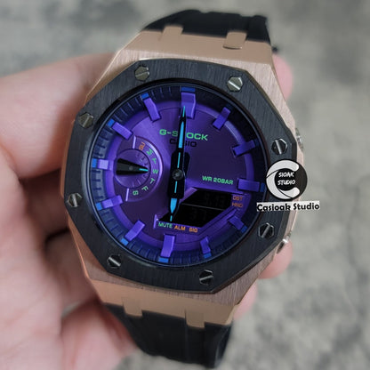 Casioak Mod Rose Gold Black Case Black Rub Purple Time Mark Purple Dial 44mm- Casioak Mod Casio G-Shock Royal Oak Custom Mens Luxury Watches Ga2100