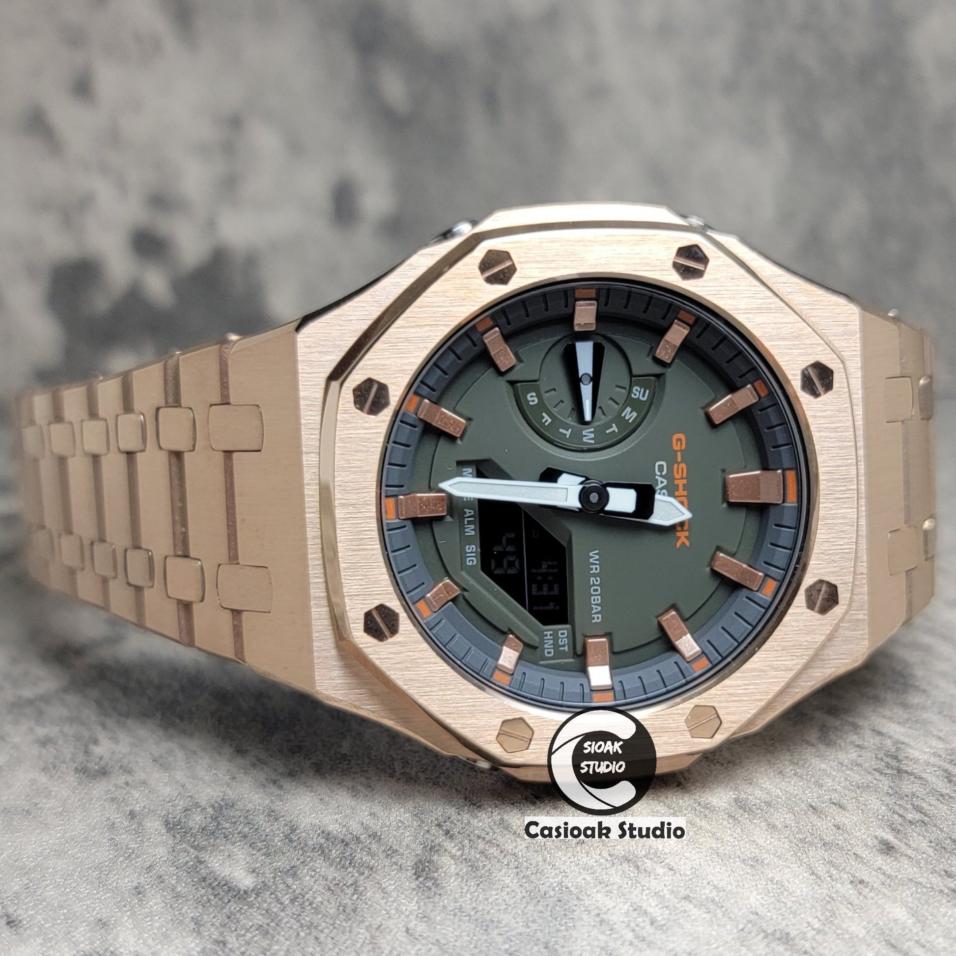 Casioak Mod Rose Gold Case Metal Strap Black Rose Gold Time Mark Olive Green Dial 44mm- Casioak Mod Casio G-Shock Royal Oak Custom Mens Luxury Watches Ga2100