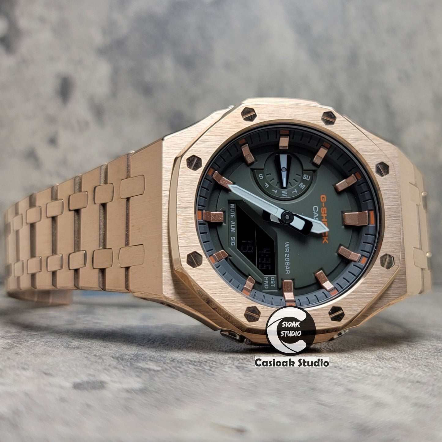 Casioak Mod Rose Gold Case Metal Strap Black Rose Gold Time Mark Olive Green Dial 44mm- Casioak Mod Casio G-Shock Royal Oak Custom Mens Luxury Watches Ga2100