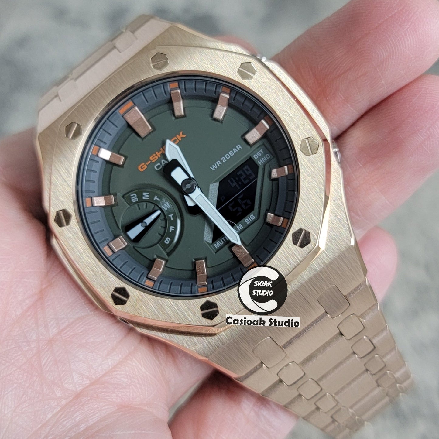 Casioak Mod Rose Gold Case Metal Strap Black Rose Gold Time Mark Olive Green Dial 44mm- Casioak Mod Casio G-Shock Royal Oak Custom Mens Luxury Watches Ga2100