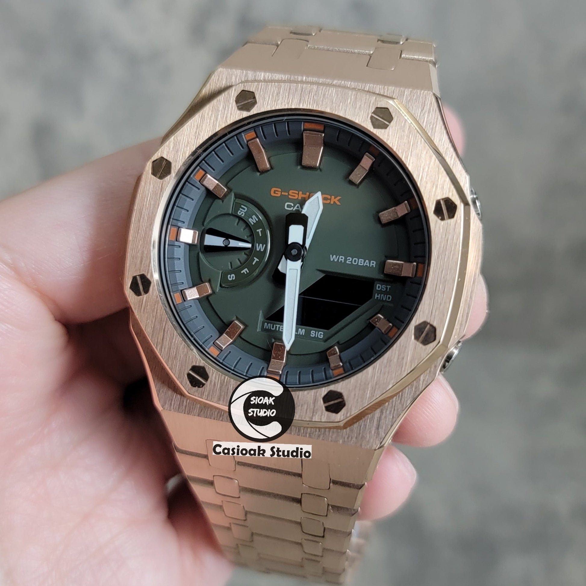 Casioak Mod Rose Gold Case Metal Strap Black Rose Gold Time Mark Olive Green Dial 44mm- Casioak Mod Casio G-Shock Royal Oak Custom Mens Luxury Watches Ga2100