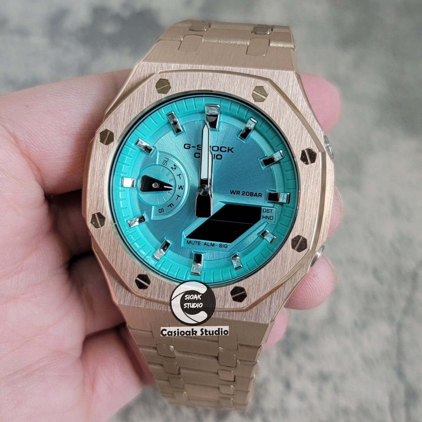 Casioak Mod Rose Gold Case Metal Strap Tiff Silver Time Mark Tiff Blue Dial 44mm- Casioak Mod Casio G-Shock Royal Oak Custom Mens Luxury Watches Ga2100