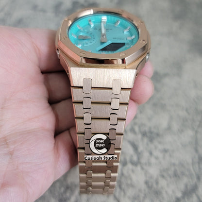 Casioak Mod Rose Gold Case Metal Strap Tiff Silver Time Mark Tiff Blue Dial 44mm- Casioak Mod Casio G-Shock Royal Oak Custom Mens Luxury Watches Ga2100