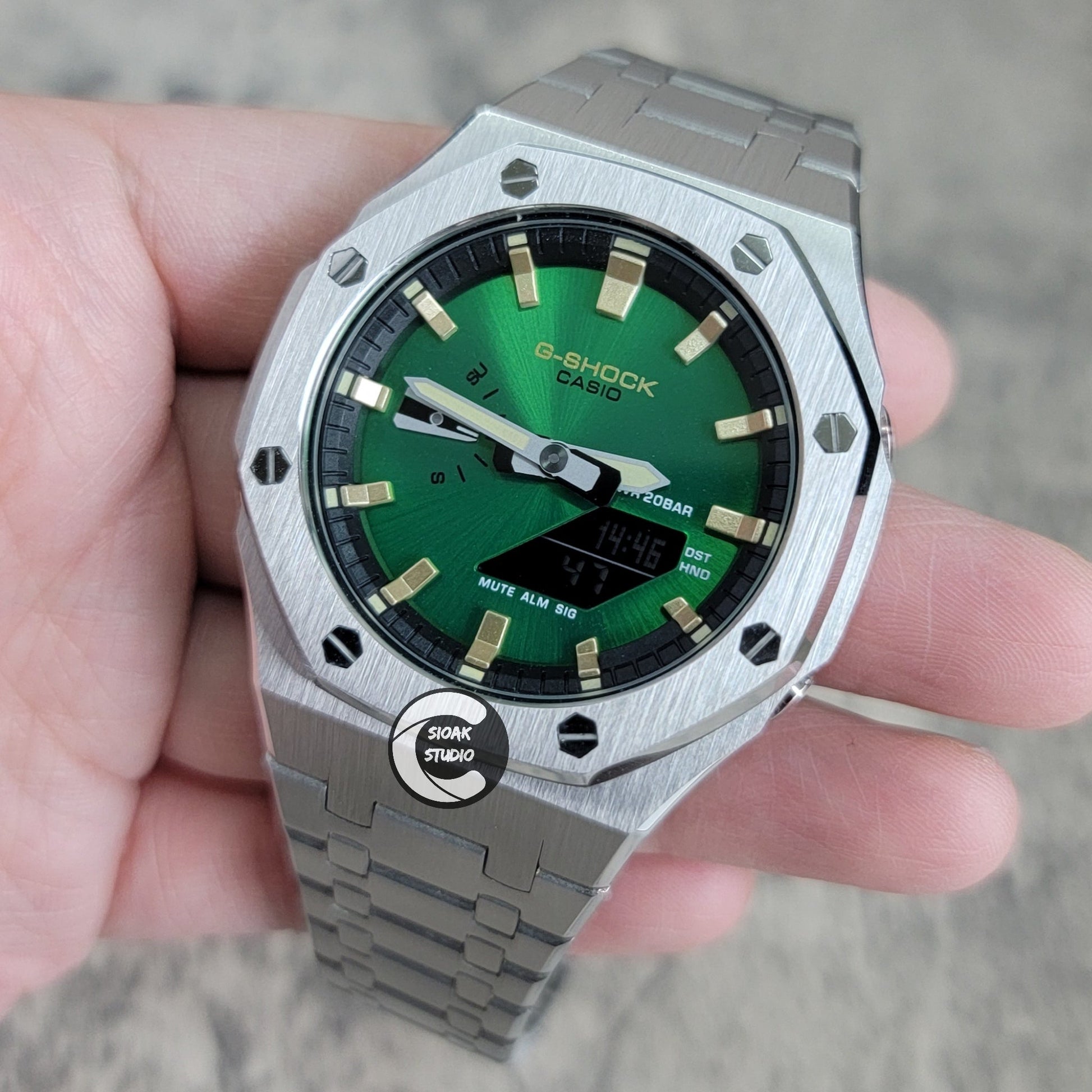 Casioak Mod Silver Case Metal Strap Black Gold Time Mark Green Dial 44mm- Casioak Mod Casio G-Shock Royal Oak Custom Mens Luxury Watches Ga2100