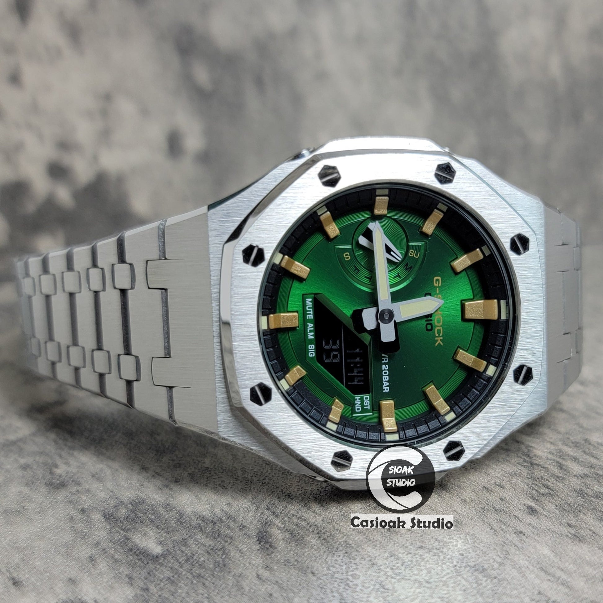 Casioak Mod Silver Case Metal Strap Black Gold Time Mark Green Dial 44mm- Casioak Mod Casio G-Shock Royal Oak Custom Mens Luxury Watches Ga2100