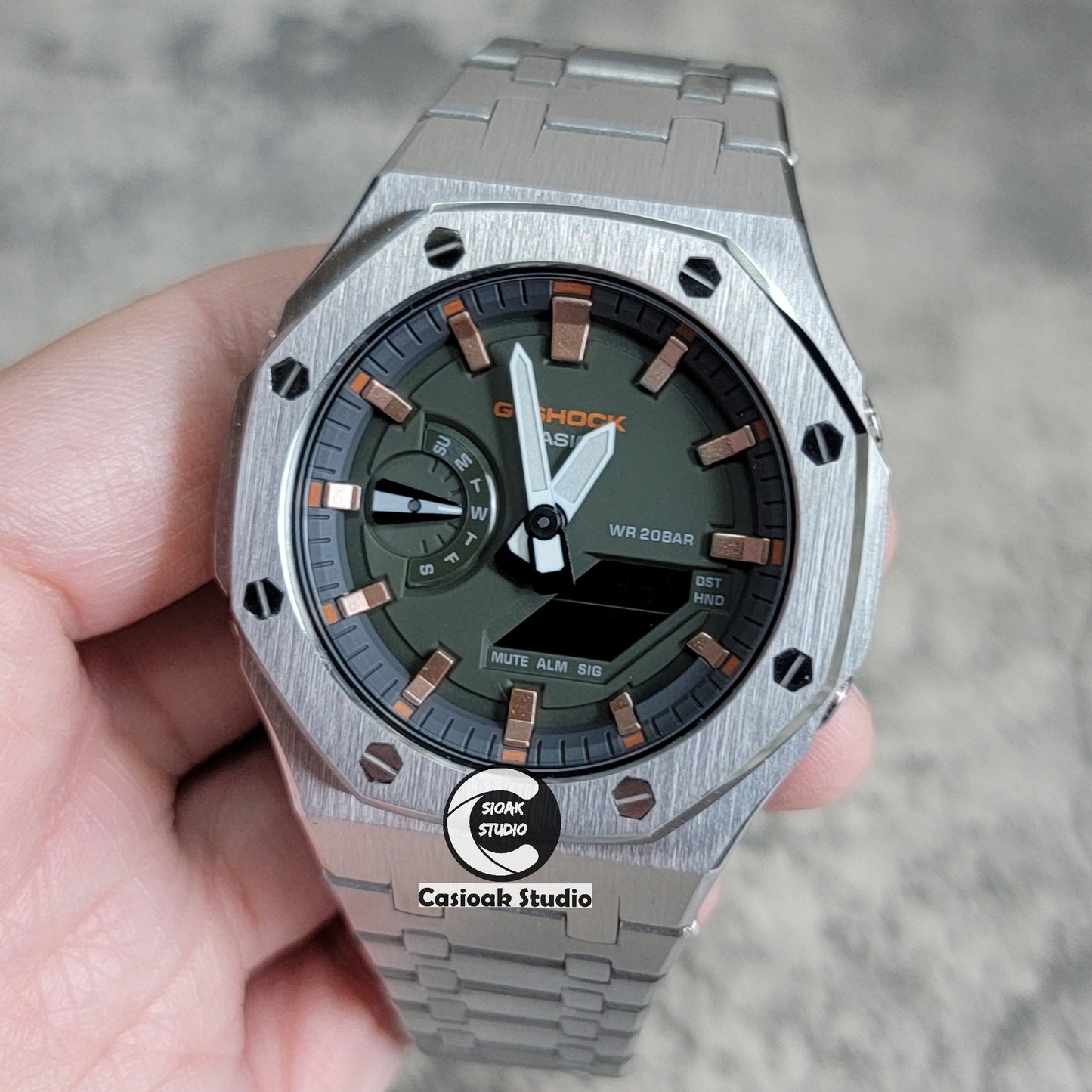 Casioak Mod Silver Case Metal Strap Black Rose Gold Time Mark Olive Green Dial 44mm- Casioak Mod Casio G-Shock Royal Oak Custom Mens Luxury Watches Ga2100