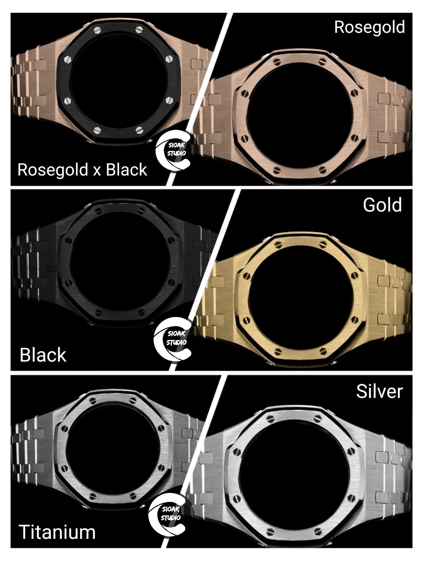 Casioak Mod Silver Case Metal Strap Black Rose Gold Time Mark Olive Green Dial 44mm- Casioak Mod Casio G-Shock Royal Oak Custom Mens Luxury Watches Ga2100