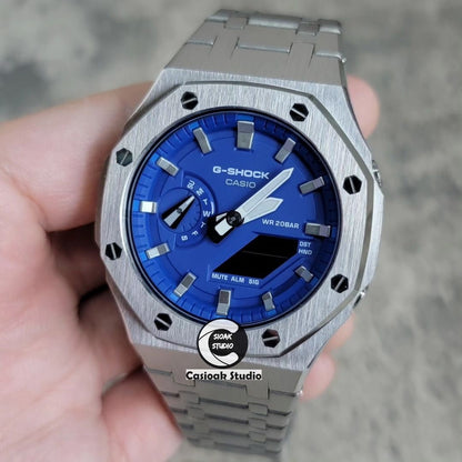 Casioak Mod Silver Case Metal Strap Blue Silver Time Mark Blue Dial 44mm- Casioak Mod Casio G-Shock Royal Oak Custom Mens Luxury Watches Ga2100