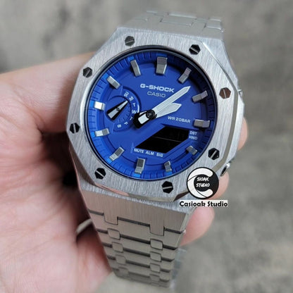 Casioak Mod Silver Case Metal Strap Blue Silver Time Mark Blue Dial 44mm- Casioak Mod Casio G-Shock Royal Oak Custom Mens Luxury Watches Ga2100