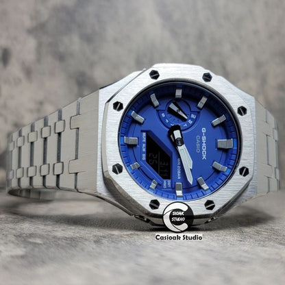 Casioak Mod Silver Case Metal Strap Blue Silver Time Mark Blue Dial 44mm- Casioak Mod Casio G-Shock Royal Oak Custom Mens Luxury Watches Ga2100