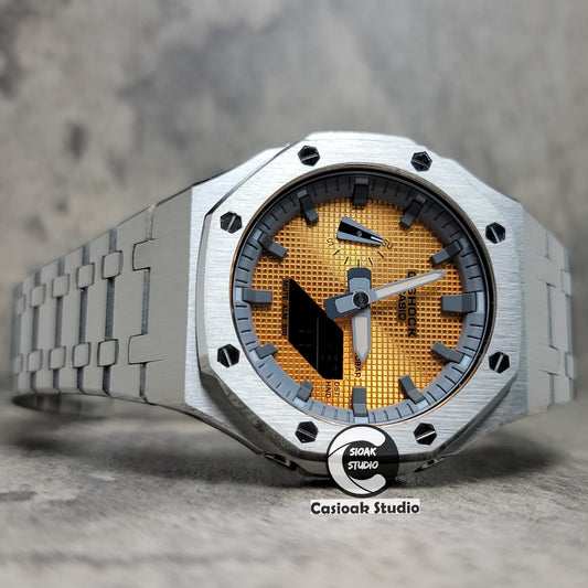 Casioak Mod Silver Case Metal Strap Gray Time Mark Gold Waffle Dial 44mm- Casioak Mod Casio G-Shock Royal Oak Custom Mens Luxury Watches Ga2100