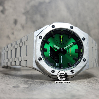 Casioak Mod Silver Case Metal Strap Green Black Time Mark Green Dial 44mm- Casioak Mod Casio G-Shock Royal Oak Custom Mens Luxury Watches Ga2100