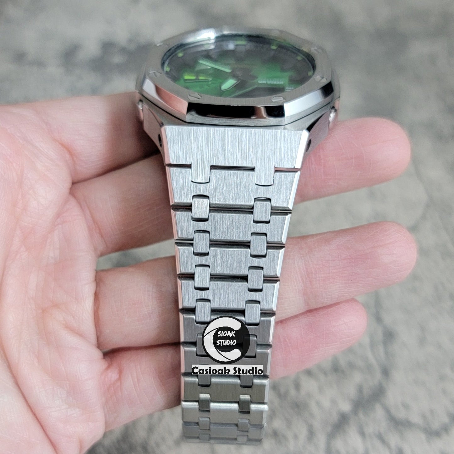 Casioak Mod Silver Case Metal Strap Green Black Time Mark Green Dial 44mm- Casioak Mod Casio G-Shock Royal Oak Custom Mens Luxury Watches Ga2100