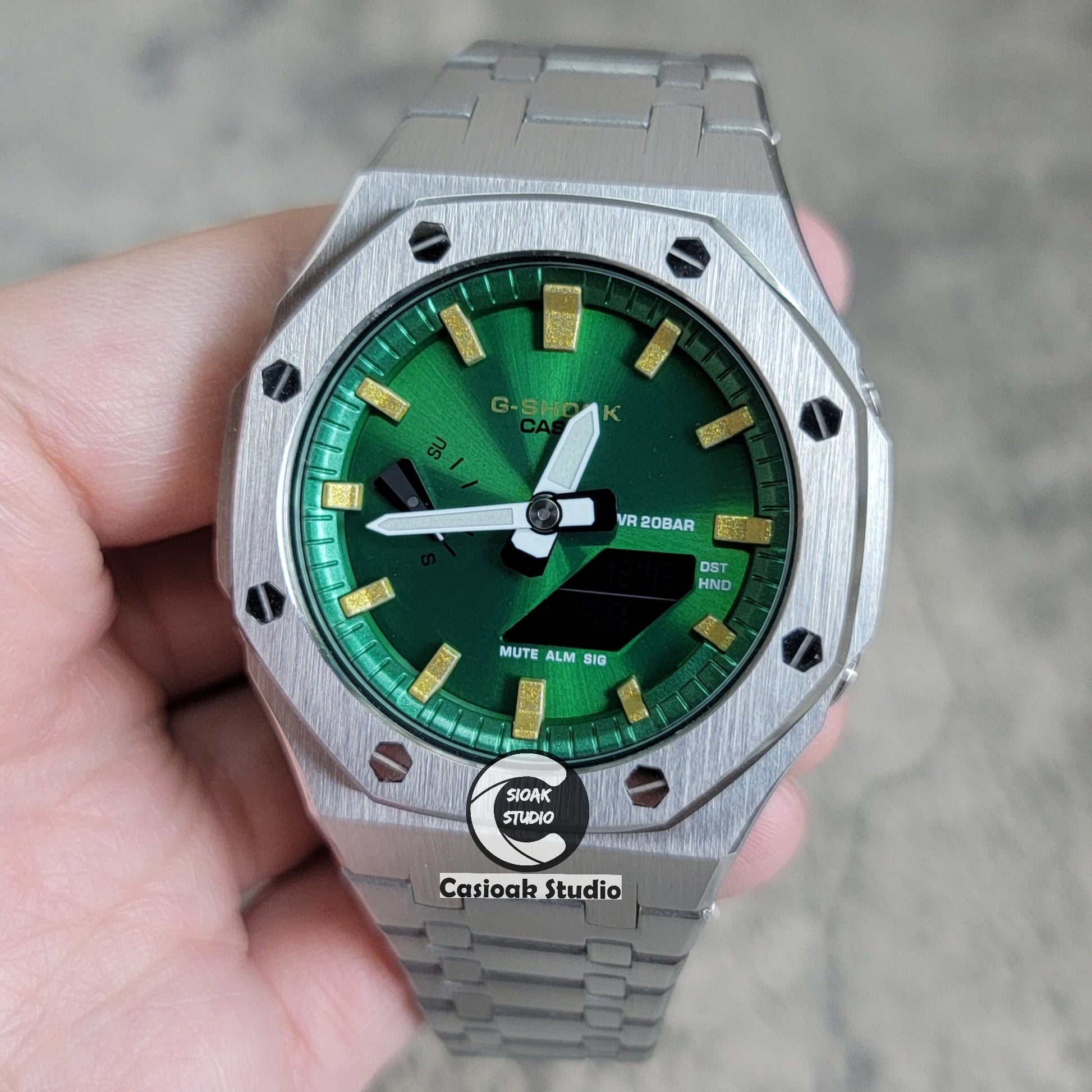 Casioak Mod Silver Case Metal Strap Green Gold Time Mark Green Dial 44mm- Casioak Mod Casio G-Shock Royal Oak Custom Mens Luxury Watches Ga2100