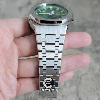 Casioak Mod Silver Case Metal Strap Green Gold Time Mark Green Dial 44mm- Casioak Mod Casio G-Shock Royal Oak Custom Mens Luxury Watches Ga2100