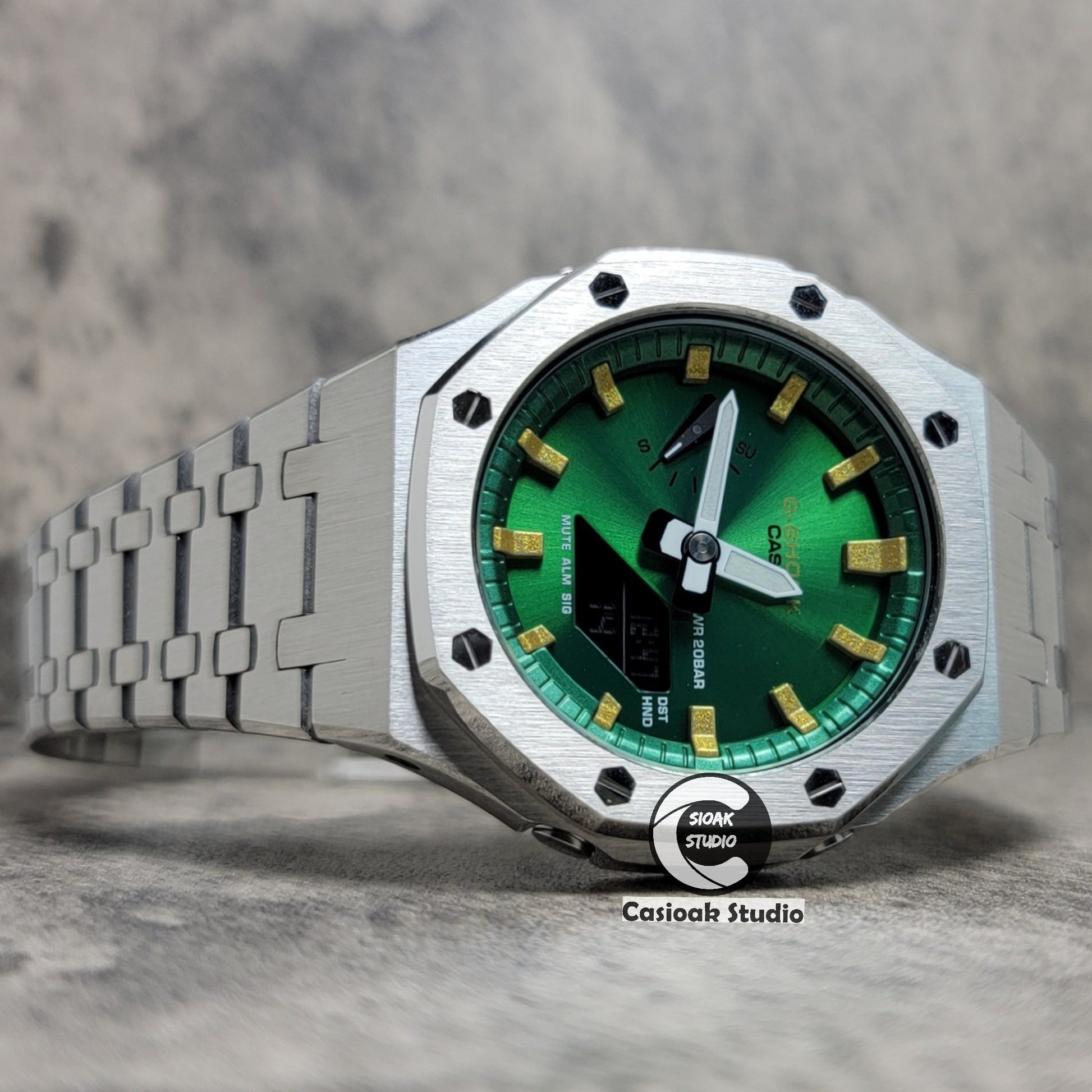 Casioak Mod Silver Case Metal Strap Green Gold Time Mark Green Dial 44mm- Casioak Mod Casio G-Shock Royal Oak Custom Mens Luxury Watches Ga2100