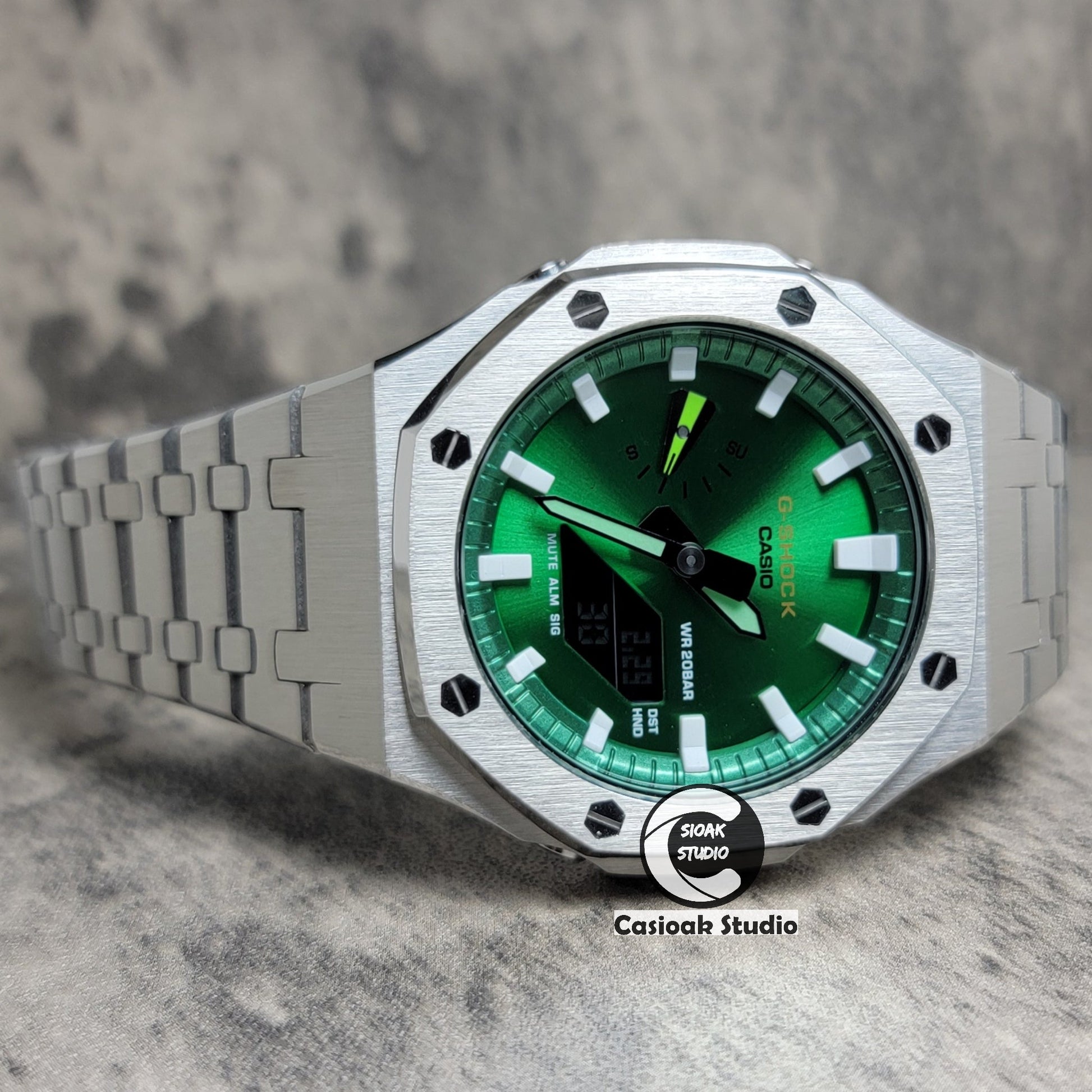 Casioak Mod Silver Case Metal Strap Green White Time Mark Green Dial 44mm- Casioak Mod Casio G-Shock Royal Oak Custom Mens Luxury Watches Ga2100