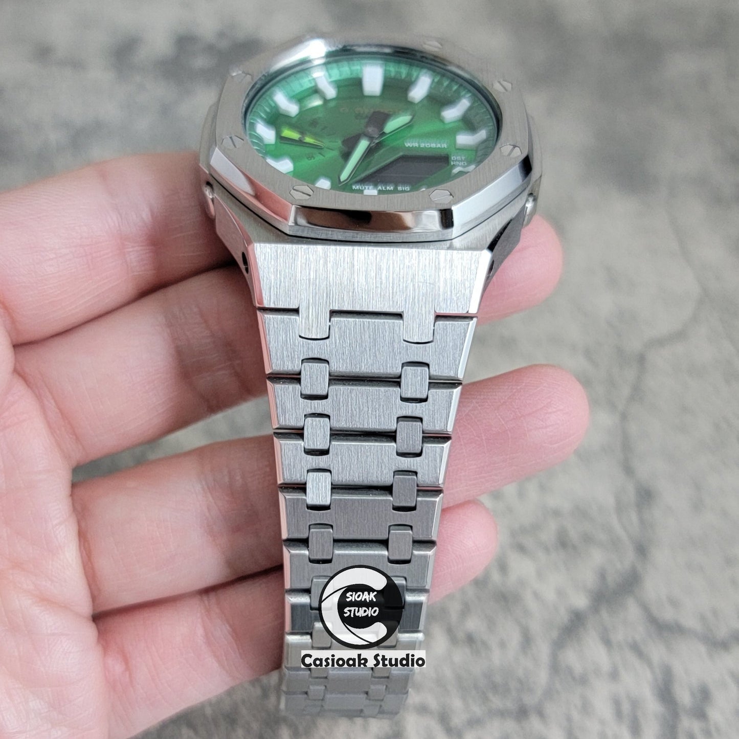 Casioak Mod Silver Case Metal Strap Green White Time Mark Green Dial 44mm- Casioak Mod Casio G-Shock Royal Oak Custom Mens Luxury Watches Ga2100