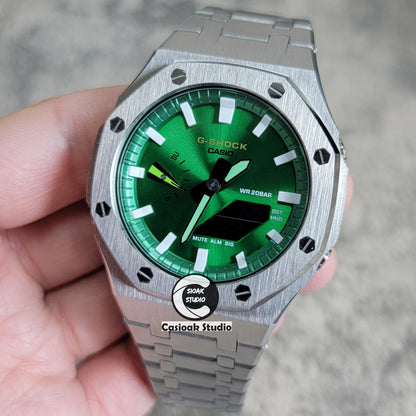 Casioak Mod Silver Case Metal Strap Green White Time Mark Green Dial 44mm- Casioak Mod Casio G-Shock Royal Oak Custom Mens Luxury Watches Ga2100