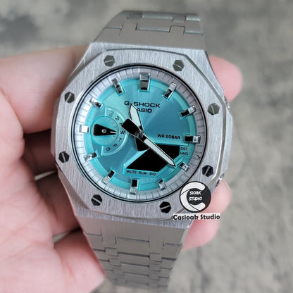 Casioak Mod Silver Case Metal Strap Silver Time Mark Tiff Blue Dial 44mm- Casioak Mod Casio G-Shock Royal Oak Custom Mens Luxury Watches Ga2100