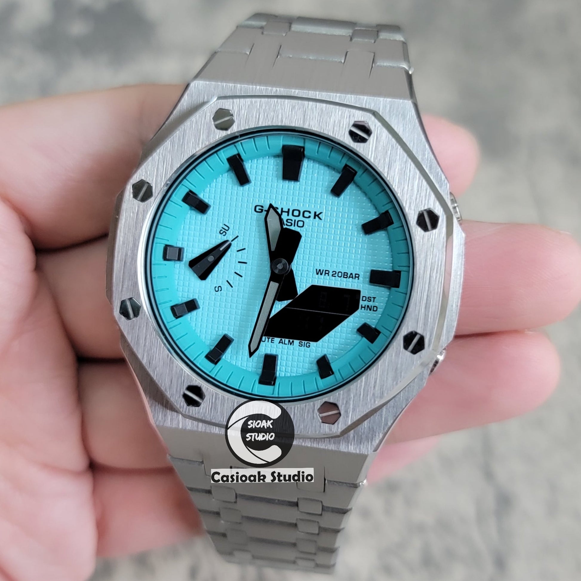 Casioak Mod Silver Case Metal Strap Tiff Blue Black Time Mark Tiff Blue Dial 44mm- Casioak Mod Casio G-Shock Royal Oak Custom Mens Luxury Watches Ga2100