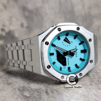 Casioak Mod Silver Case Metal Strap Tiff Blue Black Time Mark Tiff Blue Dial 44mm- Casioak Mod Casio G-Shock Royal Oak Custom Mens Luxury Watches Ga2100