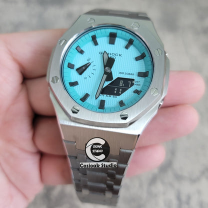 Casioak Mod Silver Case Metal Strap Tiff Blue Black Time Mark Tiff Blue Dial 44mm- Casioak Mod Casio G-Shock Royal Oak Custom Mens Luxury Watches Ga2100