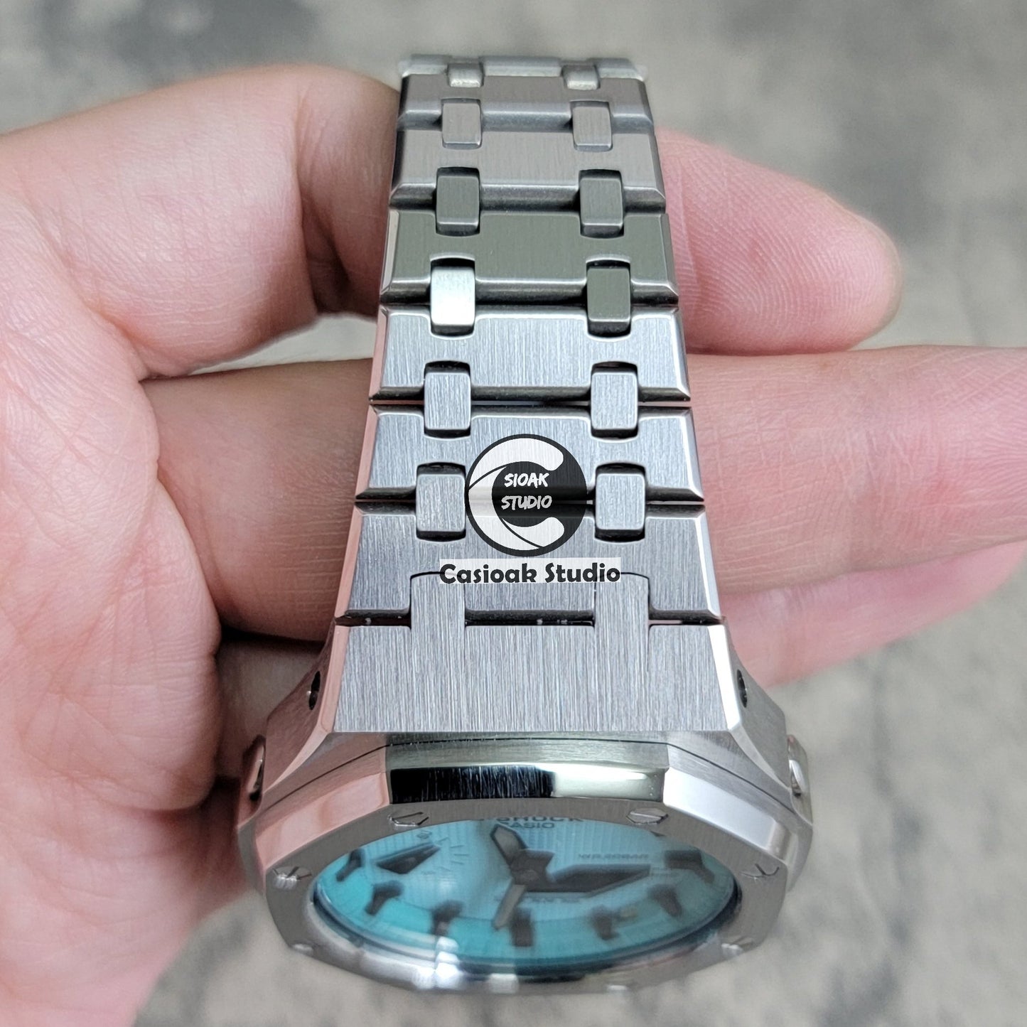 Casioak Mod Silver Case Metal Strap Tiff Blue Black Time Mark Tiff Blue Dial 44mm- Casioak Mod Casio G-Shock Royal Oak Custom Mens Luxury Watches Ga2100