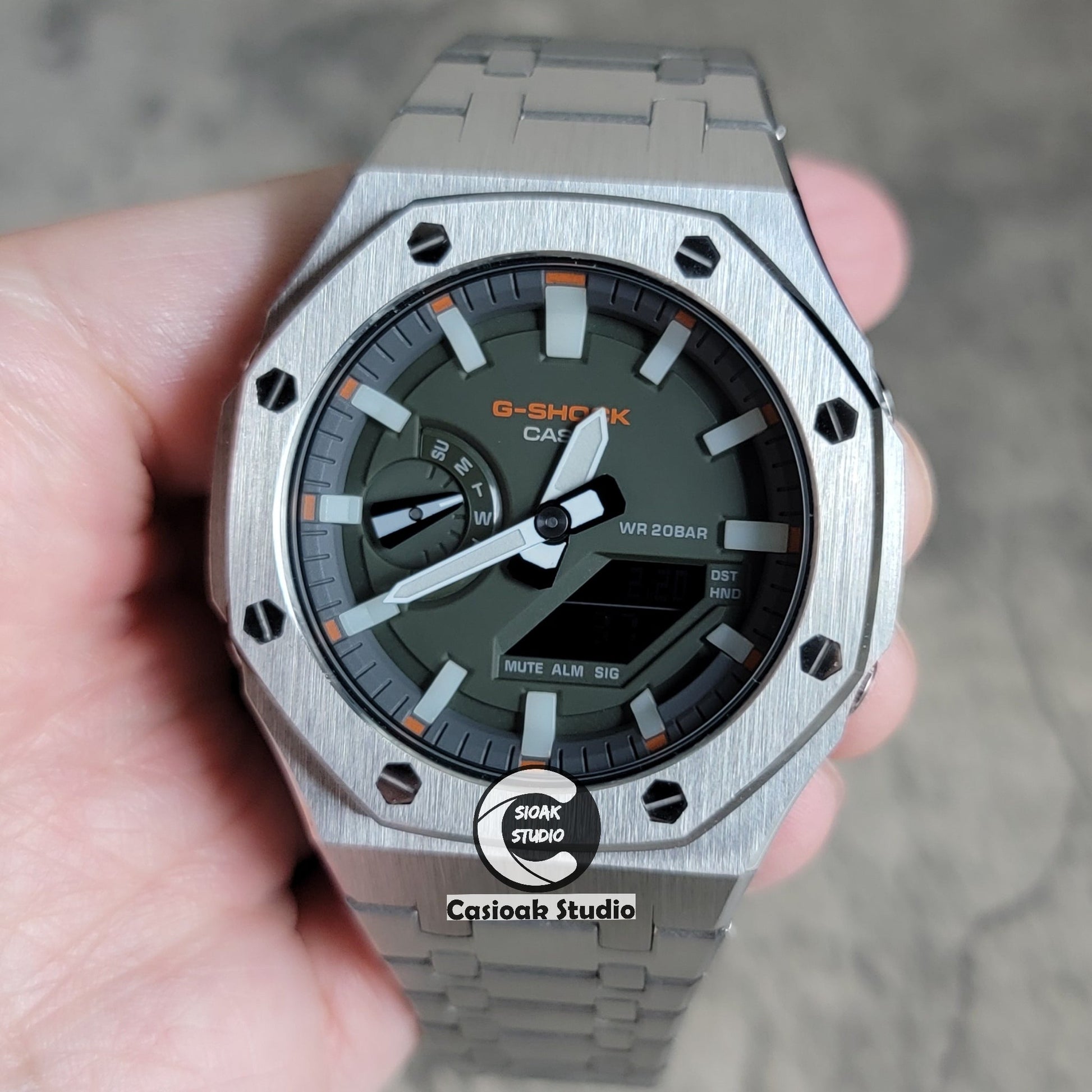 Casioak Mod Silver Case Metal Strap White Luminous Time Mark Olive Green Dial 44mm- Casioak Mod Casio G-Shock Royal Oak Custom Mens Luxury Watches Ga2100